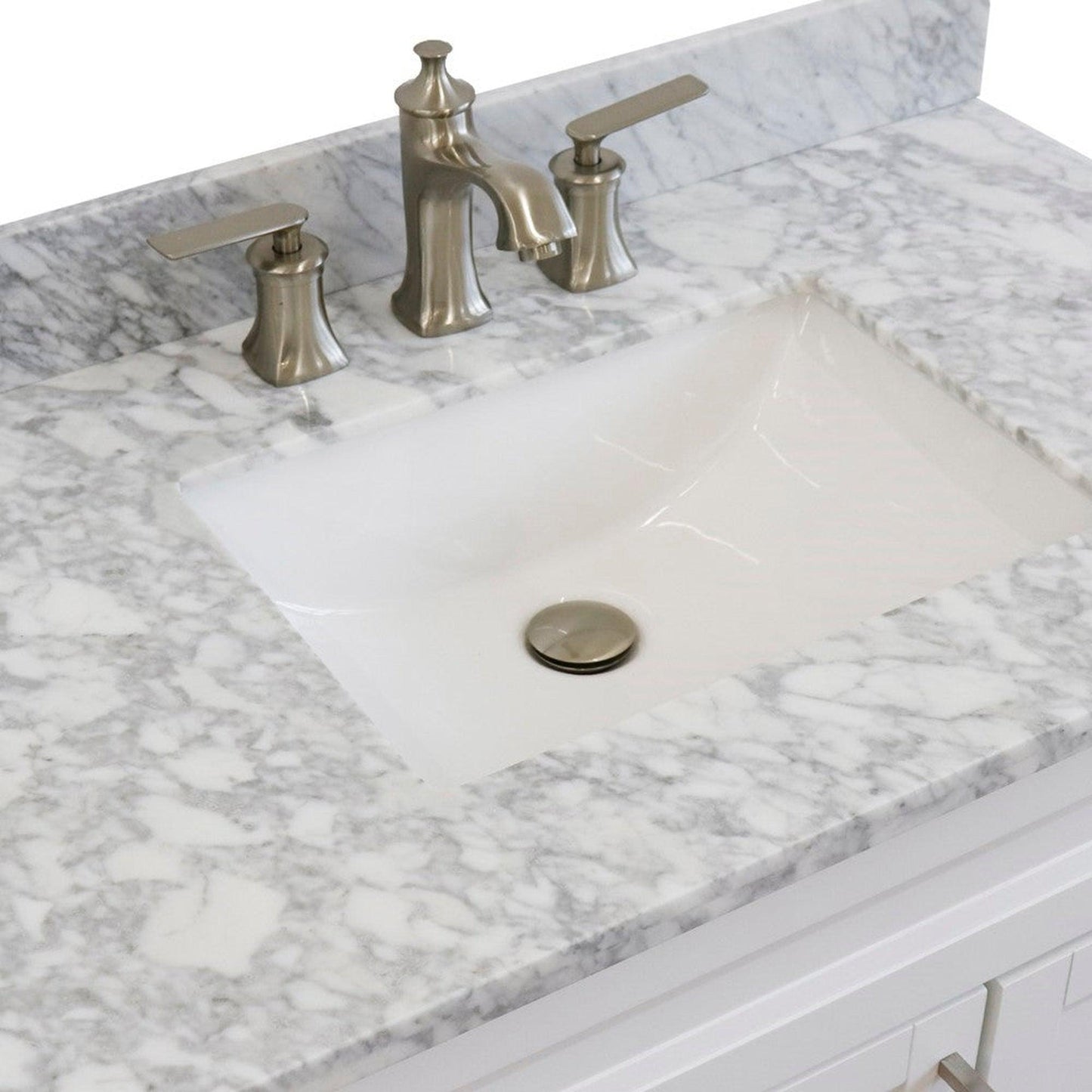 Bellaterra Home Terni 37" 1-Door 2-Drawer White Freestanding Vanity Set With Ceramic Center Undermount Rectangular Sink and White Carrara Marble Top, and Left Door Base