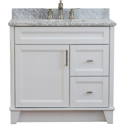 Bellaterra Home Terni 37" 1-Door 2-Drawer White Freestanding Vanity Set With Ceramic Center Undermount Rectangular Sink and White Carrara Marble Top, and Left Door Base