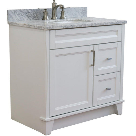 Bellaterra Home Terni 37" 1-Door 2-Drawer White Freestanding Vanity Set With Ceramic Center Undermount Rectangular Sink and White Carrara Marble Top, and Left Door Base