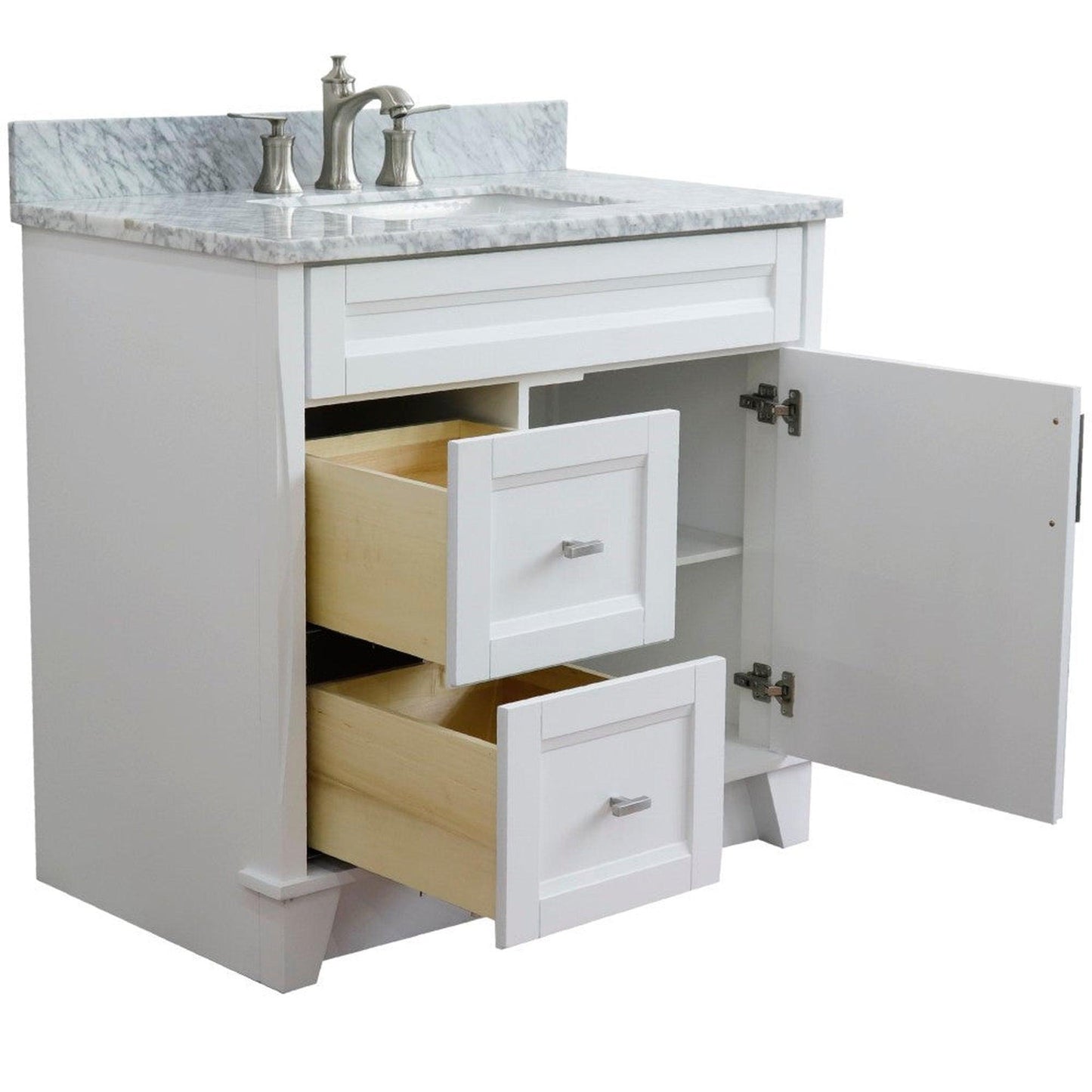 Bellaterra Home Terni 37" 1-Door 2-Drawer White Freestanding Vanity Set With Ceramic Center Undermount Rectangular Sink and White Carrara Marble Top, and Right Door Base