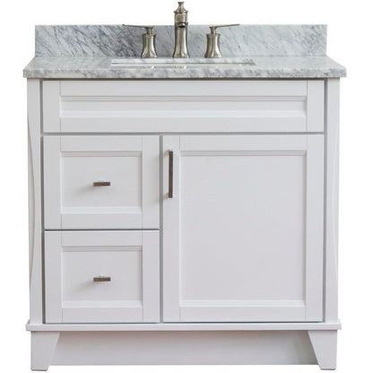 Bellaterra Home Terni 37" 1-Door 2-Drawer White Freestanding Vanity Set With Ceramic Center Undermount Rectangular Sink and White Carrara Marble Top, and Right Door Base