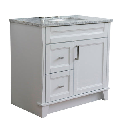 Bellaterra Home Terni 37" 1-Door 2-Drawer White Freestanding Vanity Set With Ceramic Center Undermount Rectangular Sink and White Carrara Marble Top, and Right Door Base