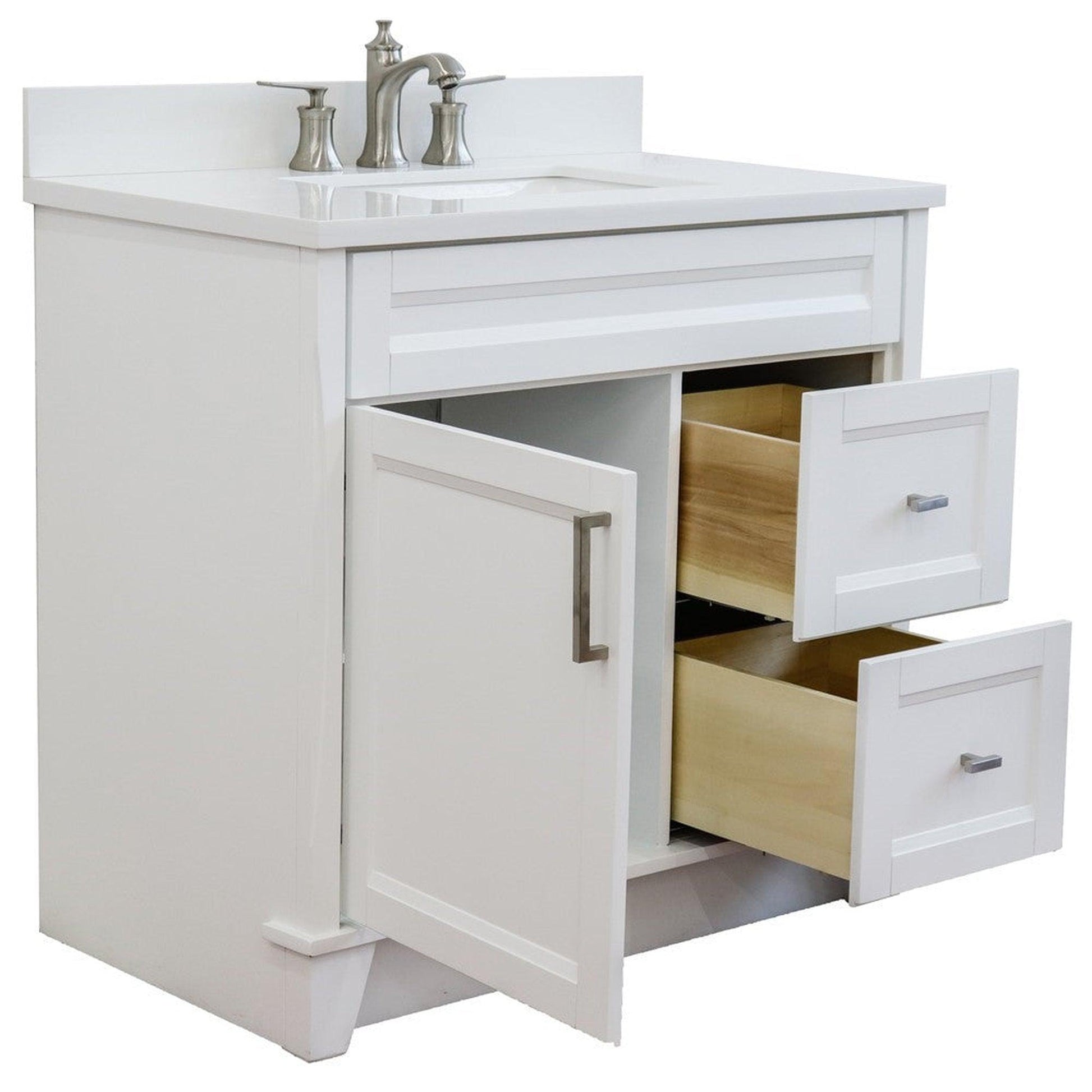 Bellaterra Home Terni 37" 1-Door 2-Drawer White Freestanding Vanity Set With Ceramic Center Undermount Rectangular Sink and White Quartz Top, and Left Door Base