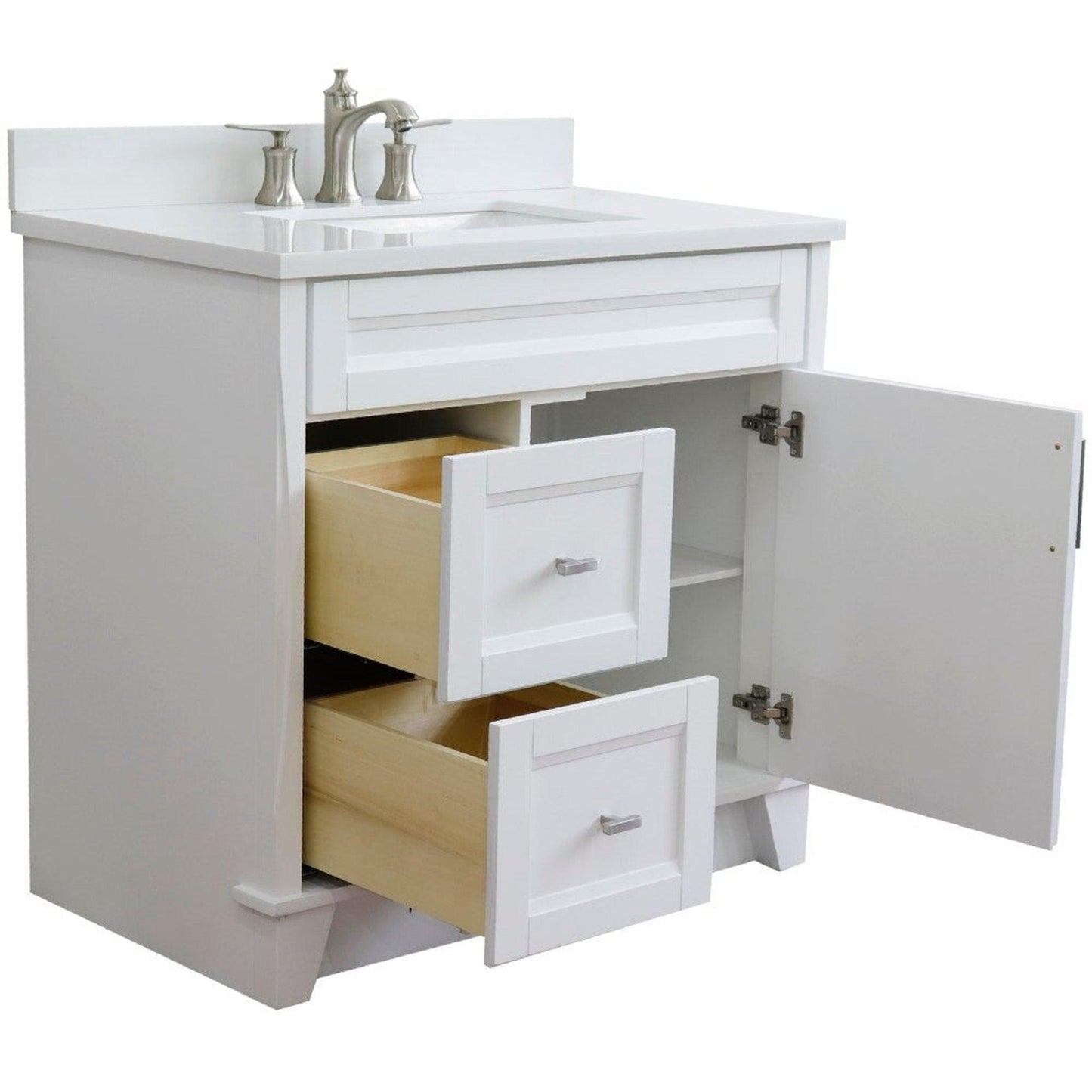 Bellaterra Home Terni 37" 1-Door 2-Drawer White Freestanding Vanity Set With Ceramic Center Undermount Rectangular Sink and White Quartz Top, and Right Door Base