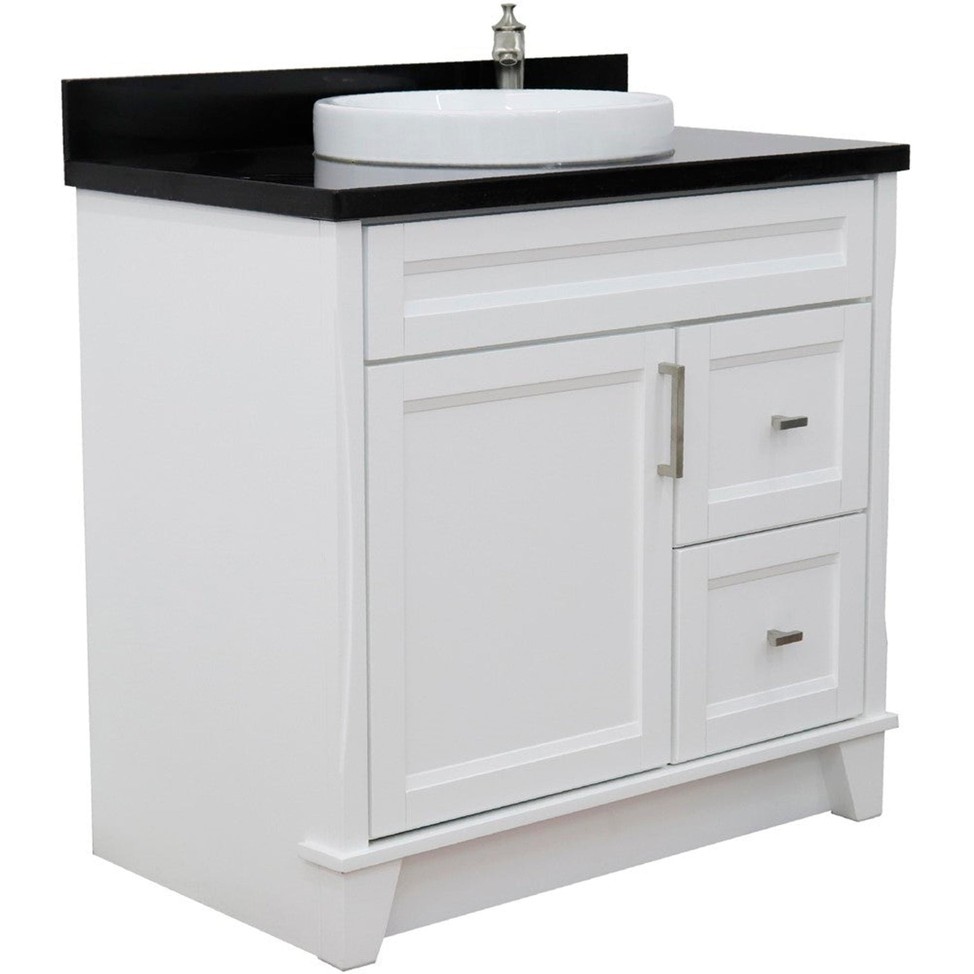 Bellaterra Home Terni 37" 1-Door 2-Drawer White Freestanding Vanity Set With Ceramic Center Vessel Sink and Black Galaxy Granite Top, and Left Door Base