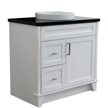 Bellaterra Home Terni 37" 1-Door 2-Drawer White Freestanding Vanity Set With Ceramic Center Vessel Sink and Black Galaxy Granite Top, and Right Door Base