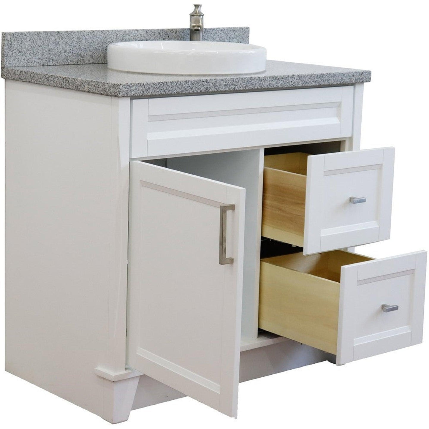 Bellaterra Home Terni 37" 1-Door 2-Drawer White Freestanding Vanity Set With Ceramic Center Vessel Sink and Gray Granite Top, and Left Door Base