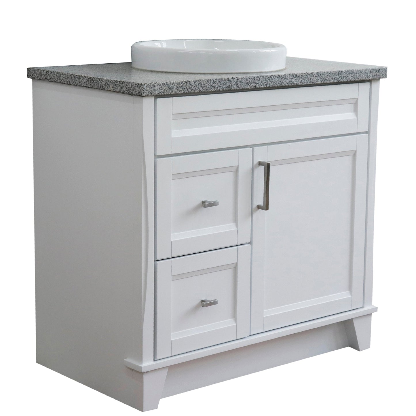 Bellaterra Home Terni 37" 1-Door 2-Drawer White Freestanding Vanity Set With Ceramic Center Vessel Sink and Gray Granite Top, and Right Door Base