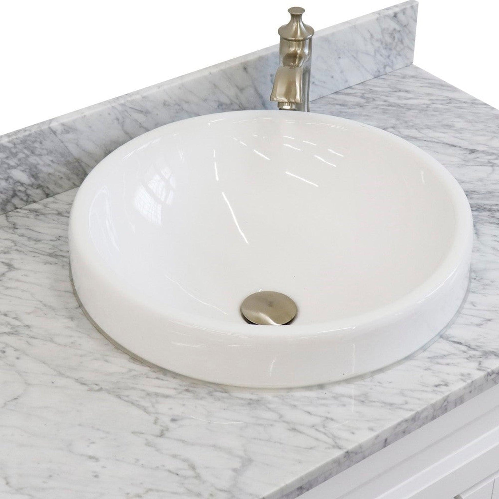 Bellaterra Home Terni 37" 1-Door 2-Drawer White Freestanding Vanity Set With Ceramic Center Vessel Sink and White Carrara Marble Top, and Left Door Base