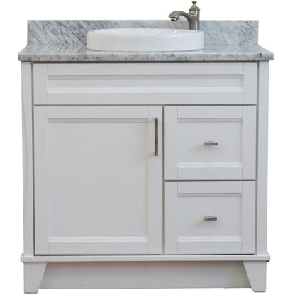 Bellaterra Home Terni 37" 1-Door 2-Drawer White Freestanding Vanity Set With Ceramic Center Vessel Sink and White Carrara Marble Top, and Left Door Base