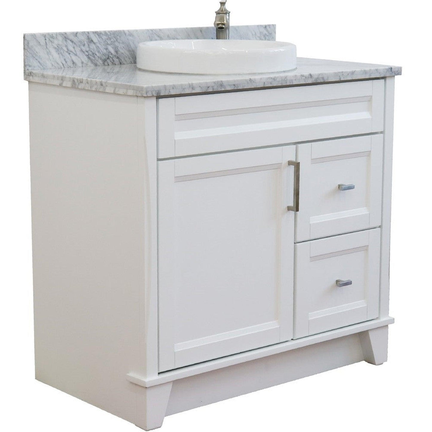 Bellaterra Home Terni 37" 1-Door 2-Drawer White Freestanding Vanity Set With Ceramic Center Vessel Sink and White Carrara Marble Top, and Left Door Base
