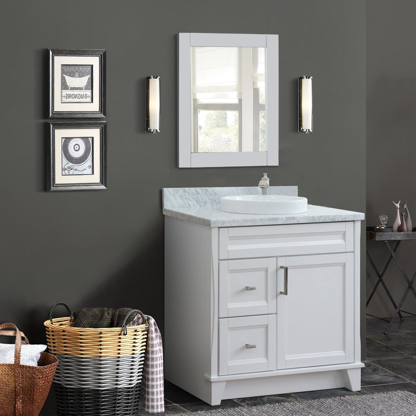 Bellaterra Home Terni 37" 1-Door 2-Drawer White Freestanding Vanity Set With Ceramic Center Vessel Sink and White Carrara Marble Top, and Right Door Base