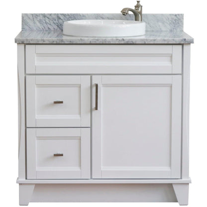 Bellaterra Home Terni 37" 1-Door 2-Drawer White Freestanding Vanity Set With Ceramic Center Vessel Sink and White Carrara Marble Top, and Right Door Base