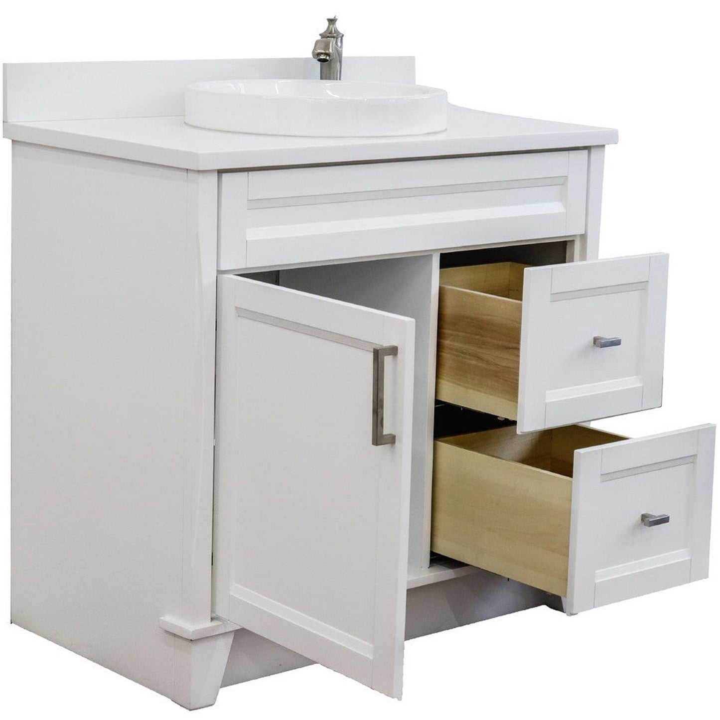 Bellaterra Home Terni 37" 1-Door 2-Drawer White Freestanding Vanity Set With Ceramic Center Vessel Sink and White Quartz Top, and Left Door Base