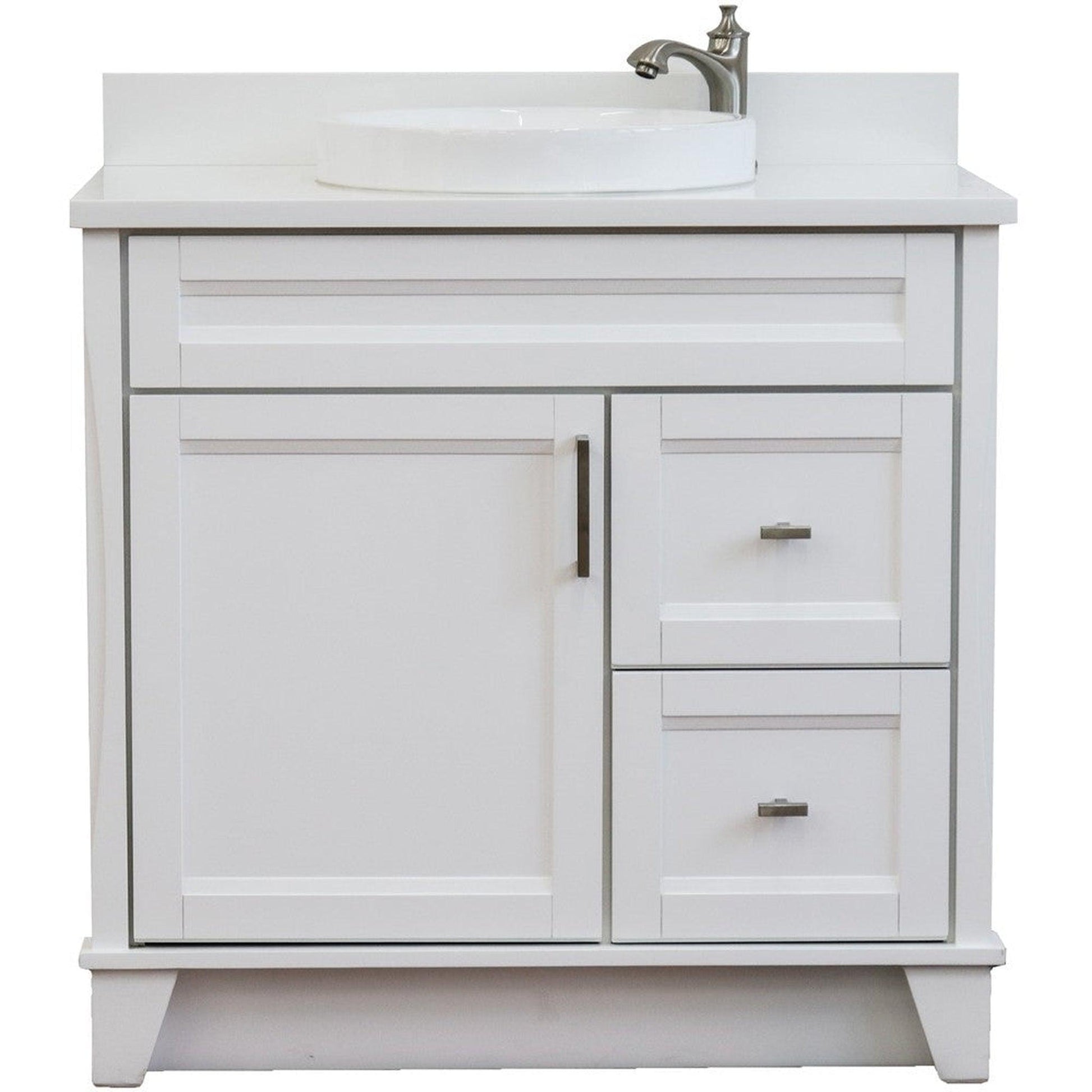 Bellaterra Home Terni 37" 1-Door 2-Drawer White Freestanding Vanity Set With Ceramic Center Vessel Sink and White Quartz Top, and Left Door Base