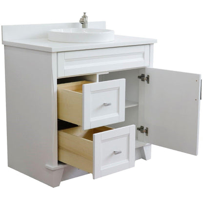 Bellaterra Home Terni 37" 1-Door 2-Drawer White Freestanding Vanity Set With Ceramic Center Vessel Sink and White Quartz Top, and Right Door Base