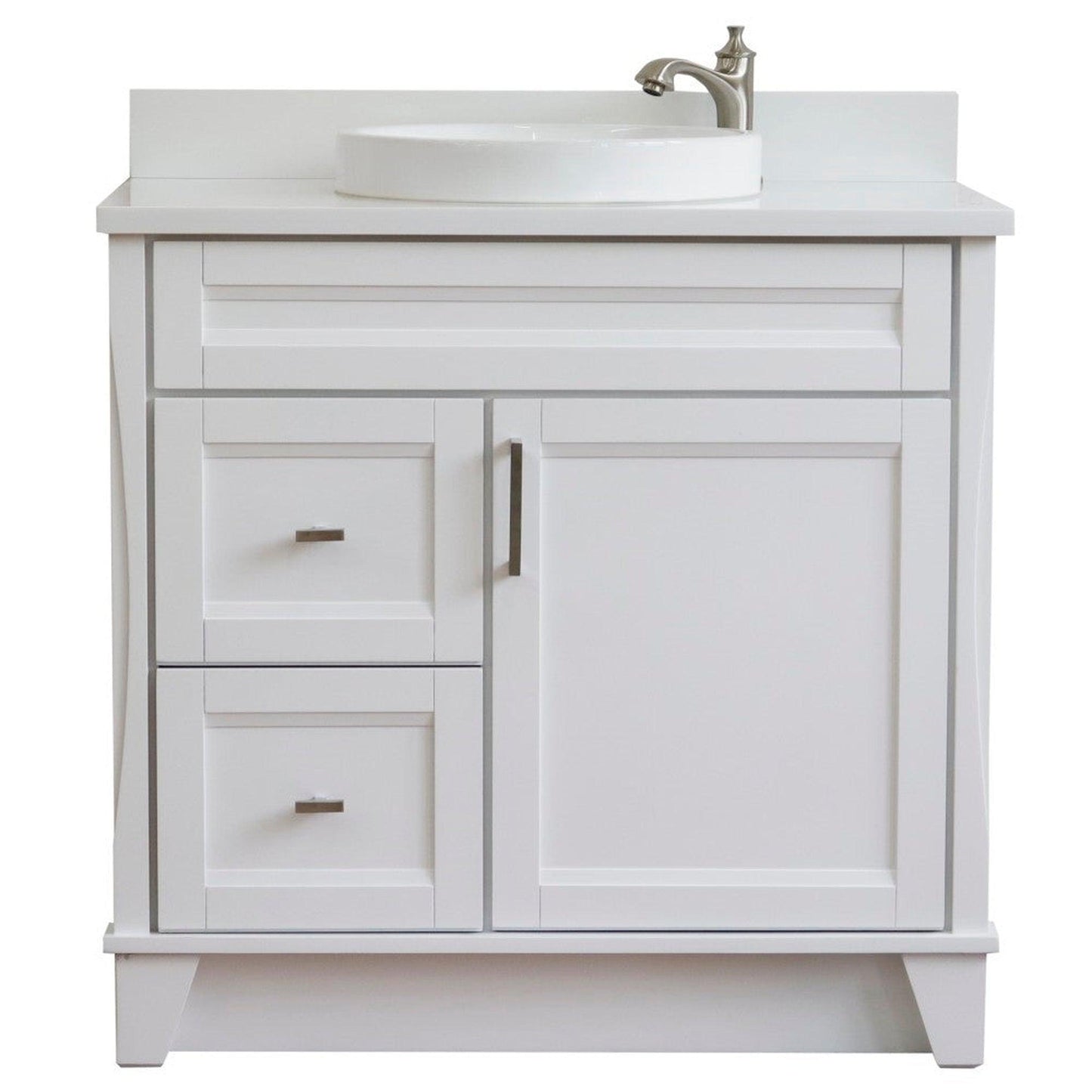 Bellaterra Home Terni 37" 1-Door 2-Drawer White Freestanding Vanity Set With Ceramic Center Vessel Sink and White Quartz Top, and Right Door Base