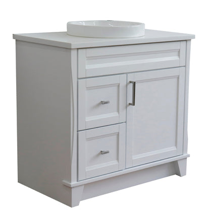 Bellaterra Home Terni 37" 1-Door 2-Drawer White Freestanding Vanity Set With Ceramic Center Vessel Sink and White Quartz Top, and Right Door Base