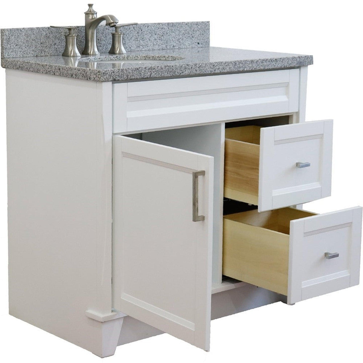 Bellaterra Home Terni 37" 1-Door 2-Drawer White Freestanding Vanity Set With Ceramic Left Offset Undermount Oval Sink and Gray Granite Top, and Left Door Base