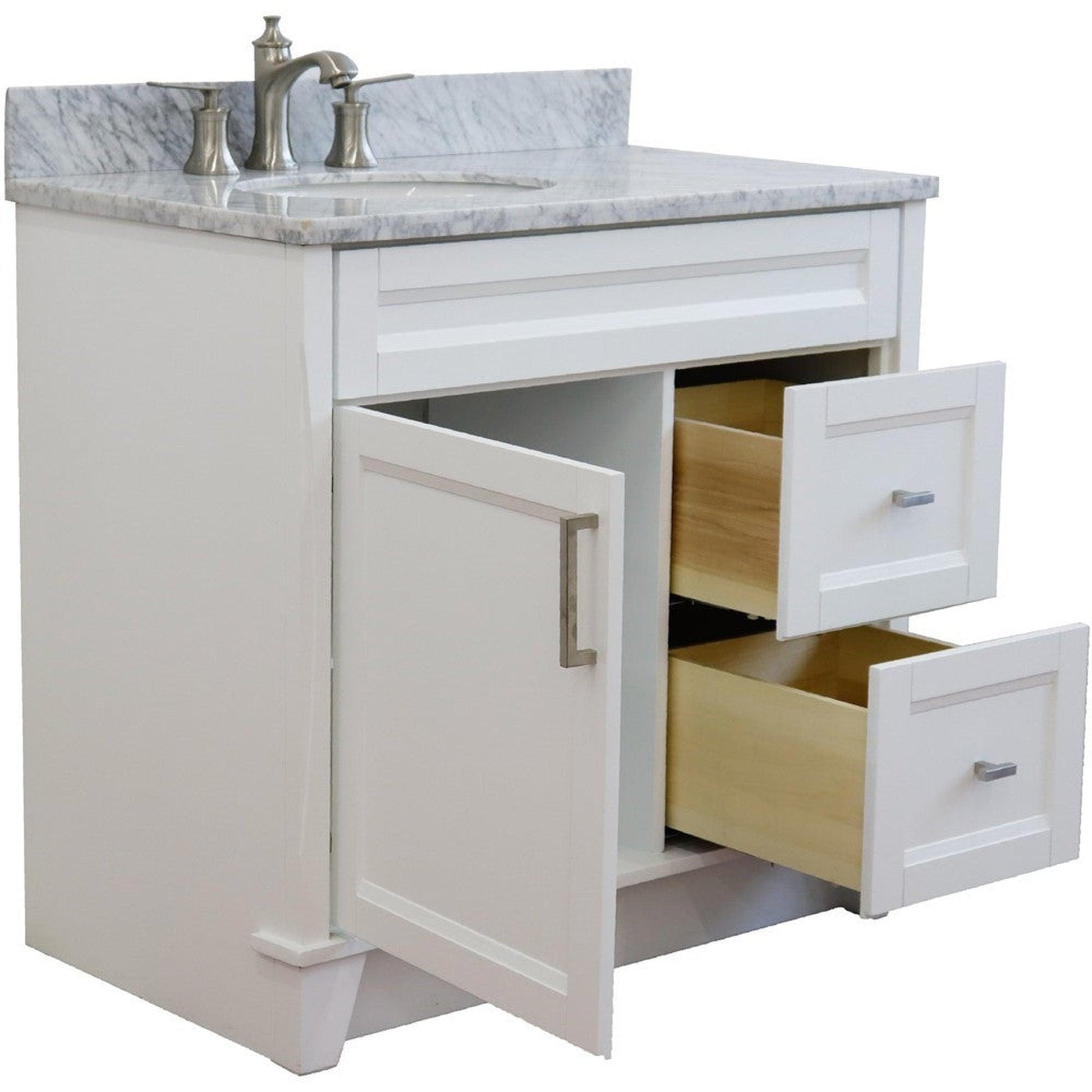 Bellaterra Home Terni 37" 1-Door 2-Drawer White Freestanding Vanity Set With Ceramic Left Offset Undermount Oval Sink and White Carrara Marble Top, and Left Door Base