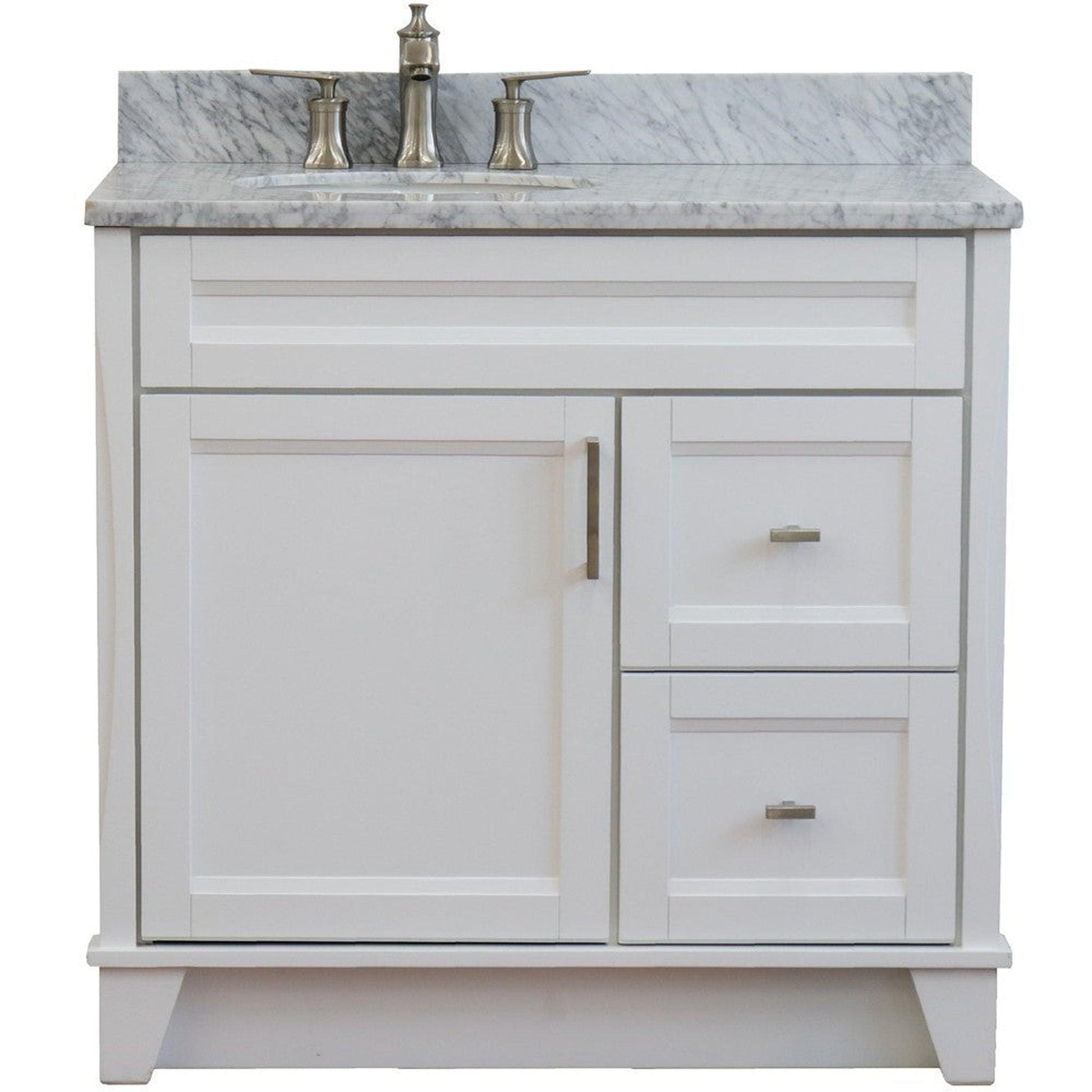 Bellaterra Home Terni 37" 1-Door 2-Drawer White Freestanding Vanity Set With Ceramic Left Offset Undermount Oval Sink and White Carrara Marble Top, and Left Door Base