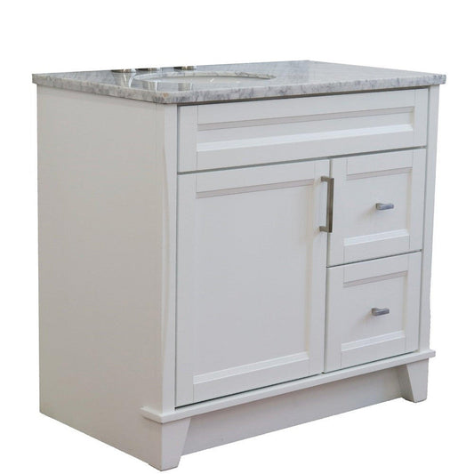 Bellaterra Home Terni 37" 1-Door 2-Drawer White Freestanding Vanity Set With Ceramic Left Offset Undermount Oval Sink and White Carrara Marble Top, and Left Door Base