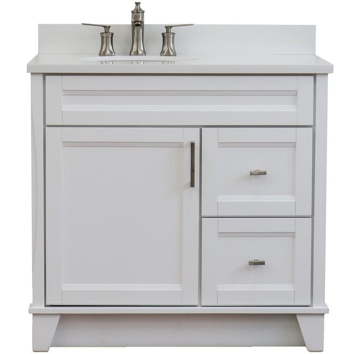 Bellaterra Home Terni 37" 1-Door 2-Drawer White Freestanding Vanity Set With Ceramic Left Offset Undermount Oval Sink and White Quartz Top, and Left Door Base