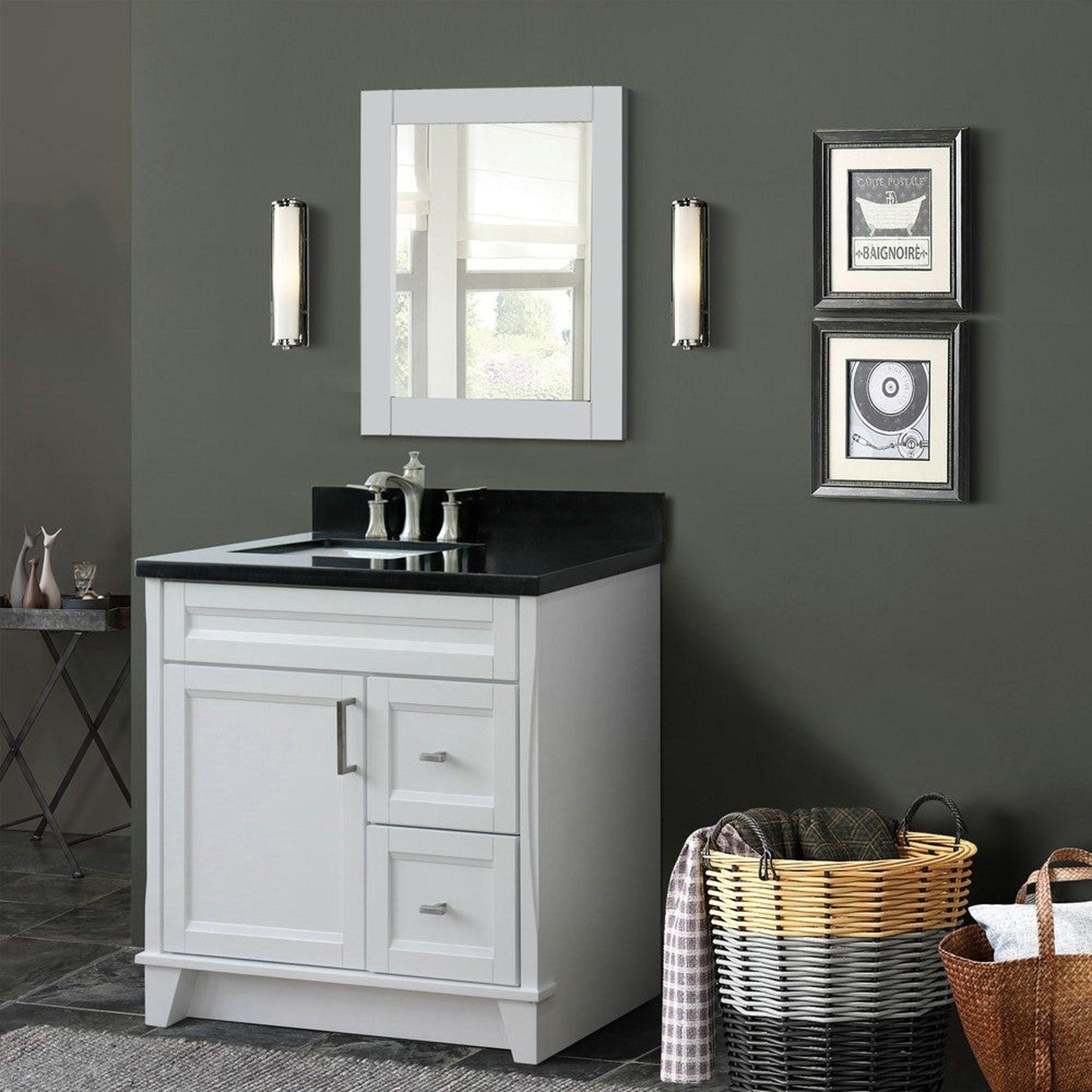 Bellaterra Home Terni 37" 1-Door 2-Drawer White Freestanding Vanity Set With Ceramic Left Offset Undermount Rectangular Sink and Black Galaxy Granite Top, and Left Door Base