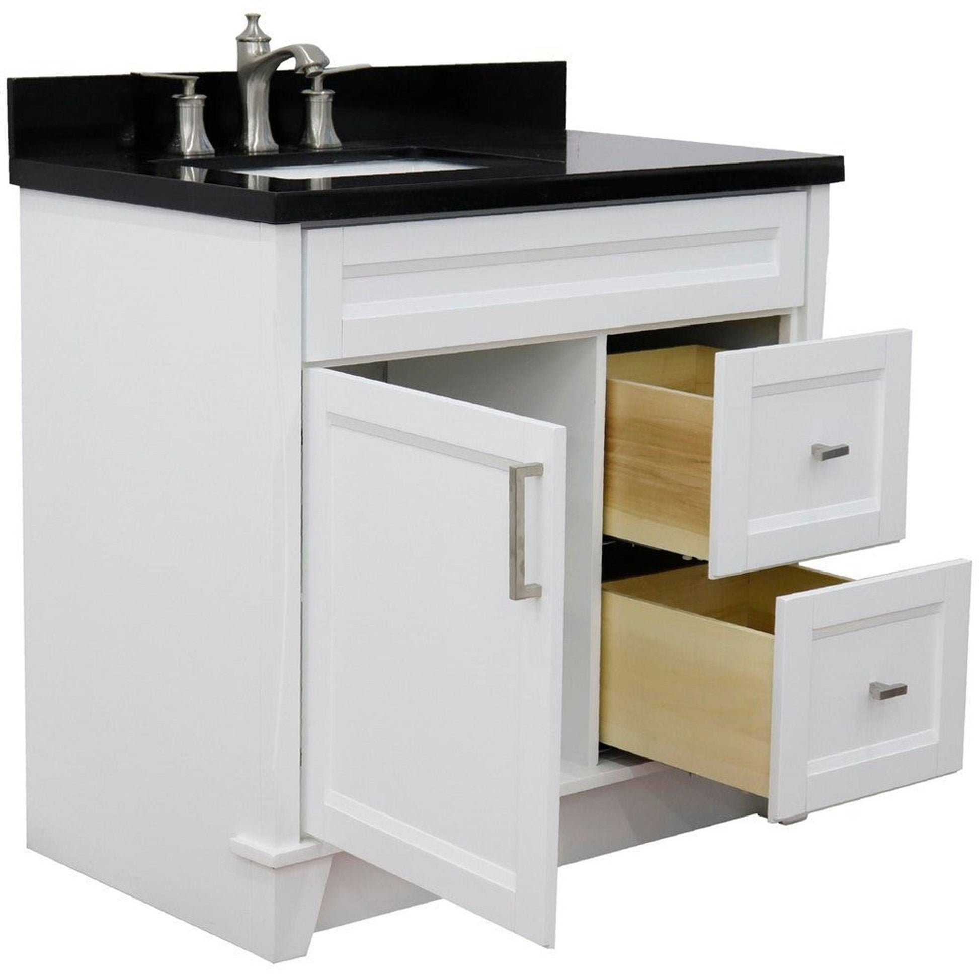 Bellaterra Home Terni 37" 1-Door 2-Drawer White Freestanding Vanity Set With Ceramic Left Offset Undermount Rectangular Sink and Black Galaxy Granite Top, and Left Door Base