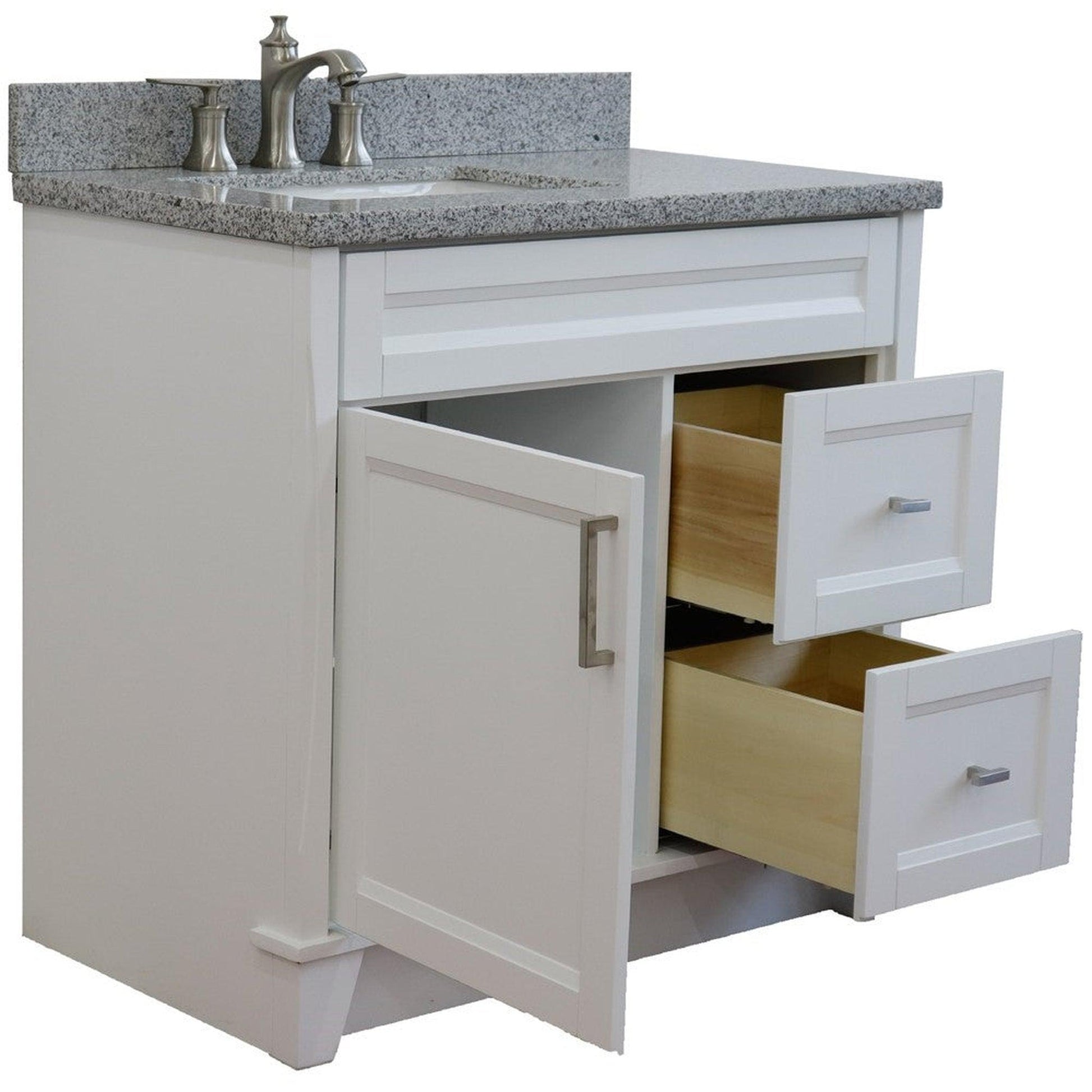 Bellaterra Home Terni 37" 1-Door 2-Drawer White Freestanding Vanity Set With Ceramic Left Offset Undermount Rectangular Sink and Gray Granite Top, and Left Door Base