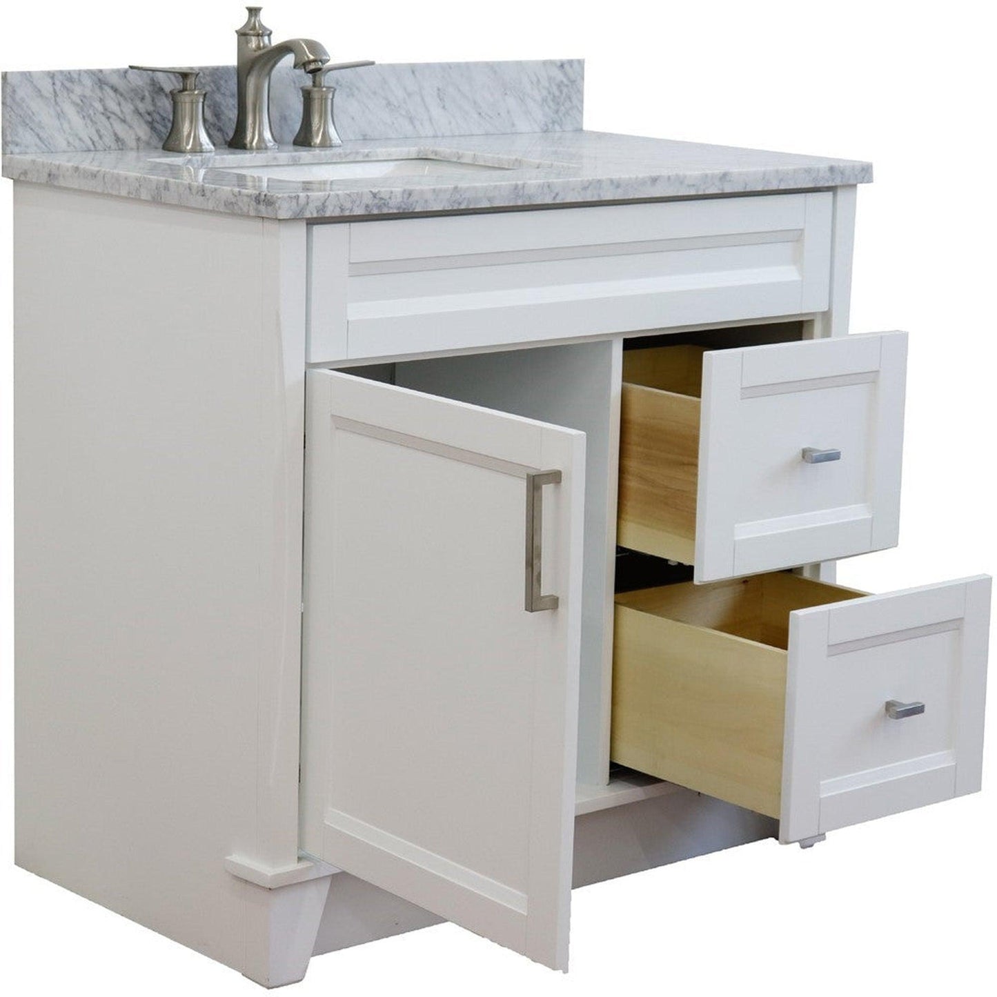 Bellaterra Home Terni 37" 1-Door 2-Drawer White Freestanding Vanity Set With Ceramic Left Offset Undermount Rectangular Sink and White Carrara Marble Top, and Left Door Base