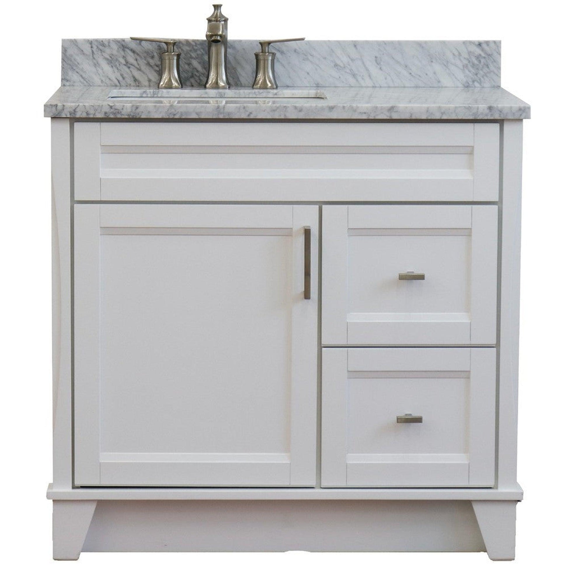 Bellaterra Home Terni 37" 1-Door 2-Drawer White Freestanding Vanity Set With Ceramic Left Offset Undermount Rectangular Sink and White Carrara Marble Top, and Left Door Base