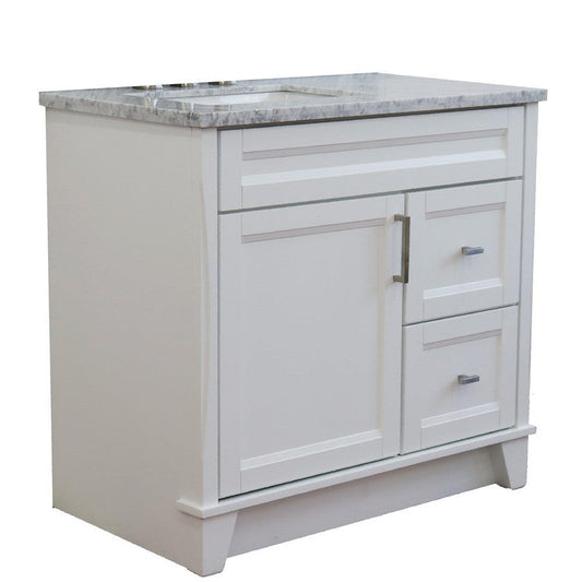 Bellaterra Home Terni 37" 1-Door 2-Drawer White Freestanding Vanity Set With Ceramic Left Offset Undermount Rectangular Sink and White Carrara Marble Top, and Left Door Base