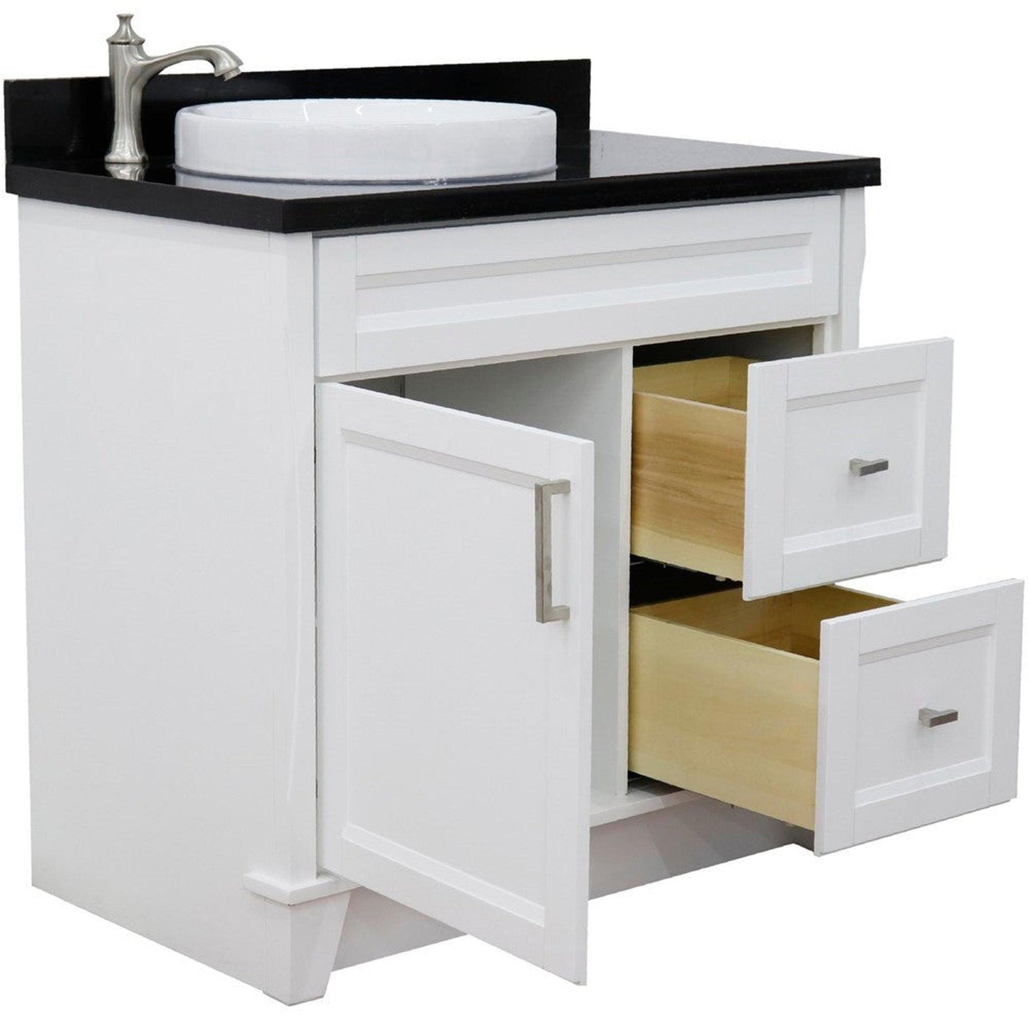 Bellaterra Home Terni 37" 1-Door 2-Drawer White Freestanding Vanity Set With Ceramic Left Offset Vessel Sink and Black Galaxy Granite Top, and Left Door Base