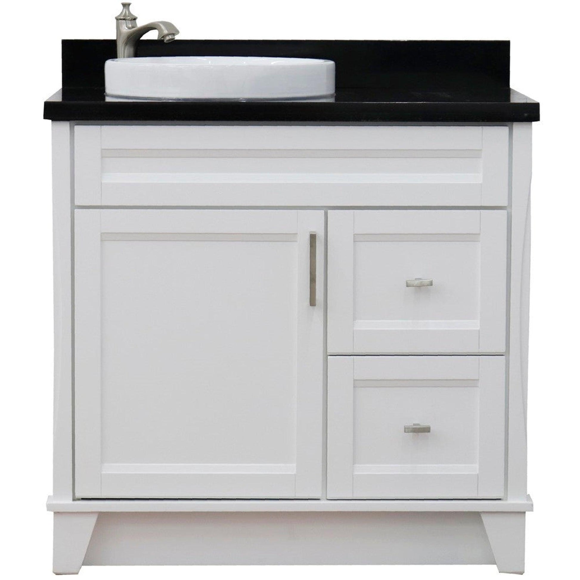 Bellaterra Home Terni 37" 1-Door 2-Drawer White Freestanding Vanity Set With Ceramic Left Offset Vessel Sink and Black Galaxy Granite Top, and Left Door Base