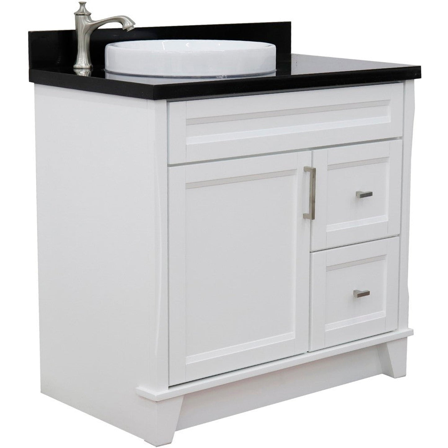 Bellaterra Home Terni 37" 1-Door 2-Drawer White Freestanding Vanity Set With Ceramic Left Offset Vessel Sink and Black Galaxy Granite Top, and Left Door Base