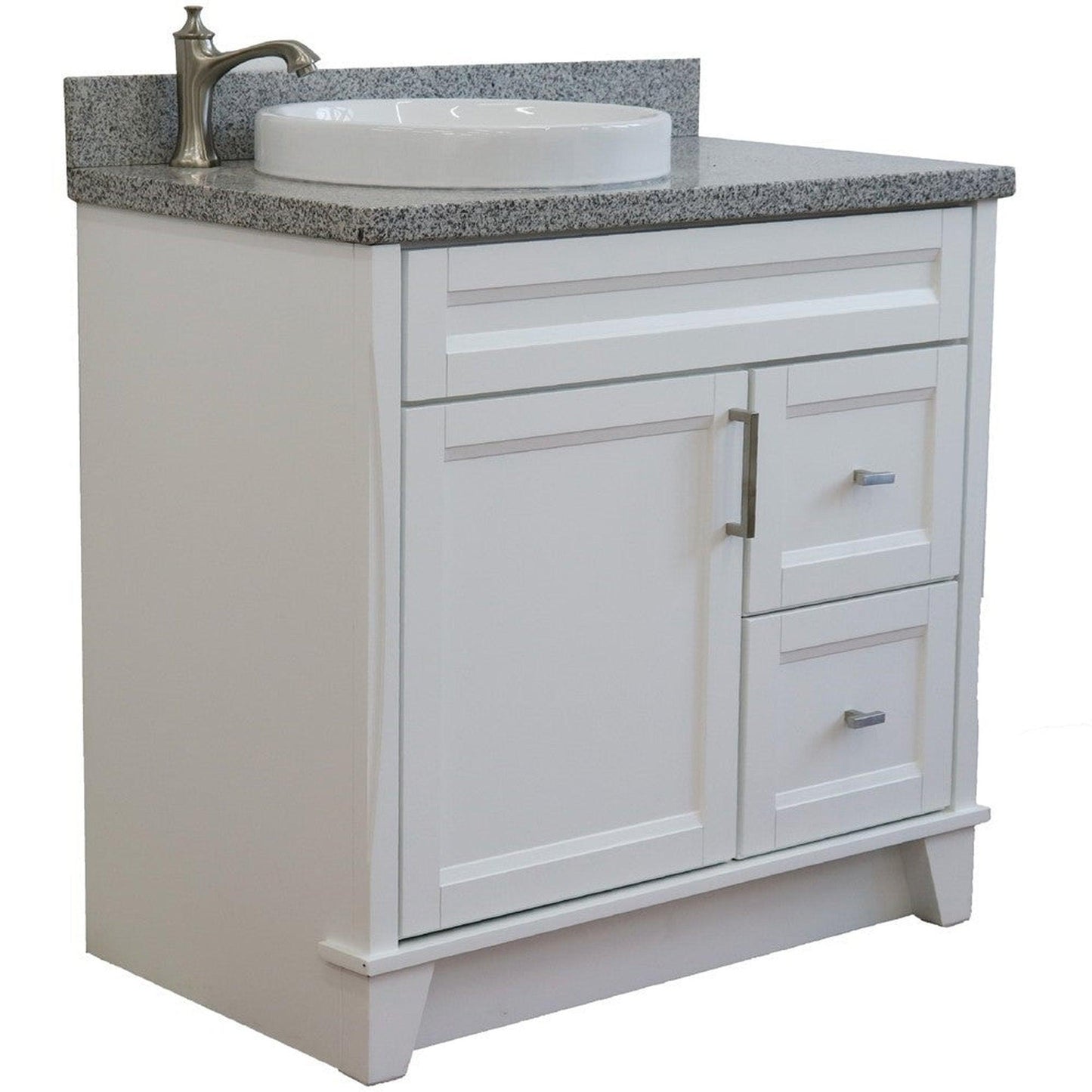 Bellaterra Home Terni 37" 1-Door 2-Drawer White Freestanding Vanity Set With Ceramic Left Offset Vessel Sink and Gray Granite Top, and Left Door Base