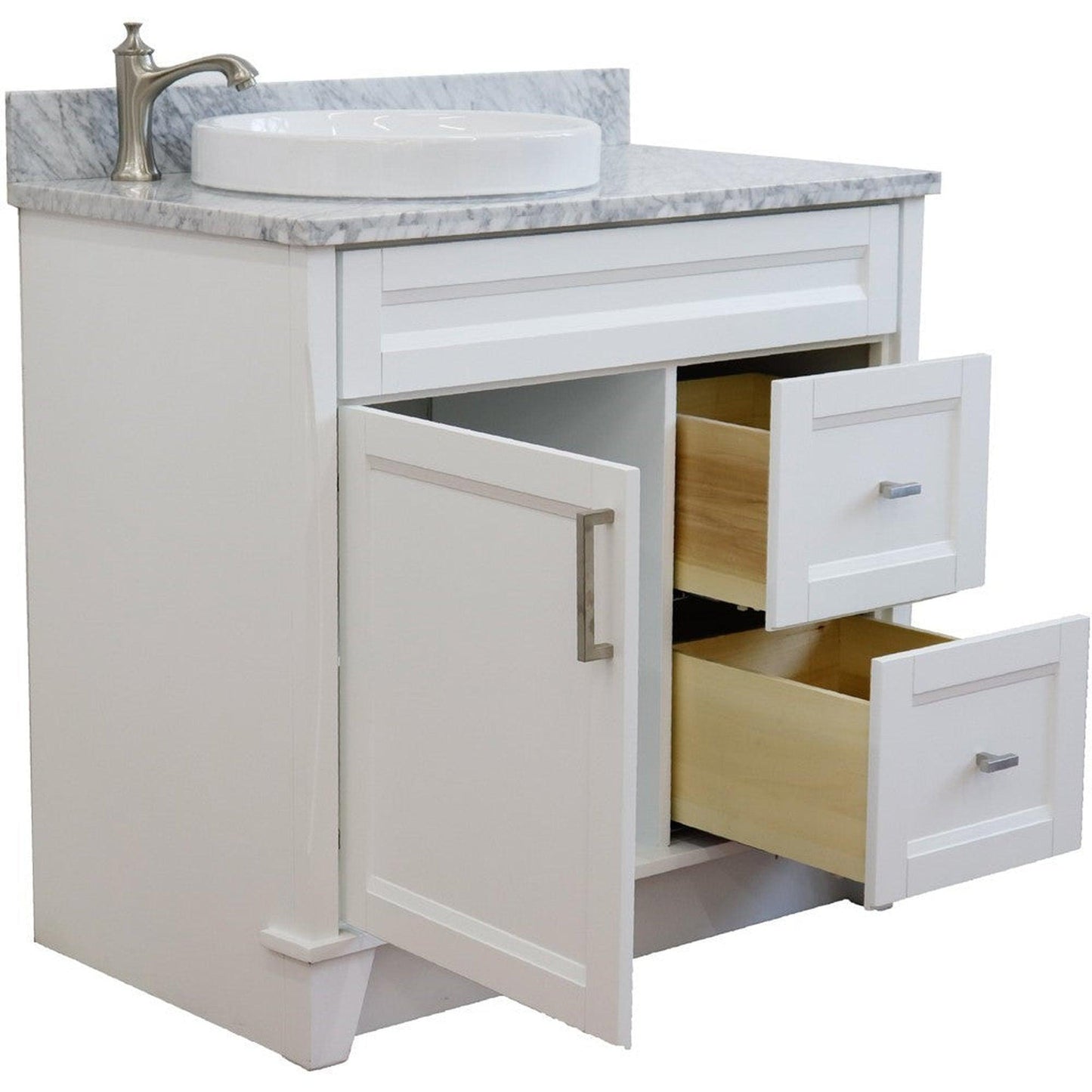 Bellaterra Home Terni 37" 1-Door 2-Drawer White Freestanding Vanity Set With Ceramic Left Offset Vessel Sink and White Carrara Marble Top, and Left Door Base