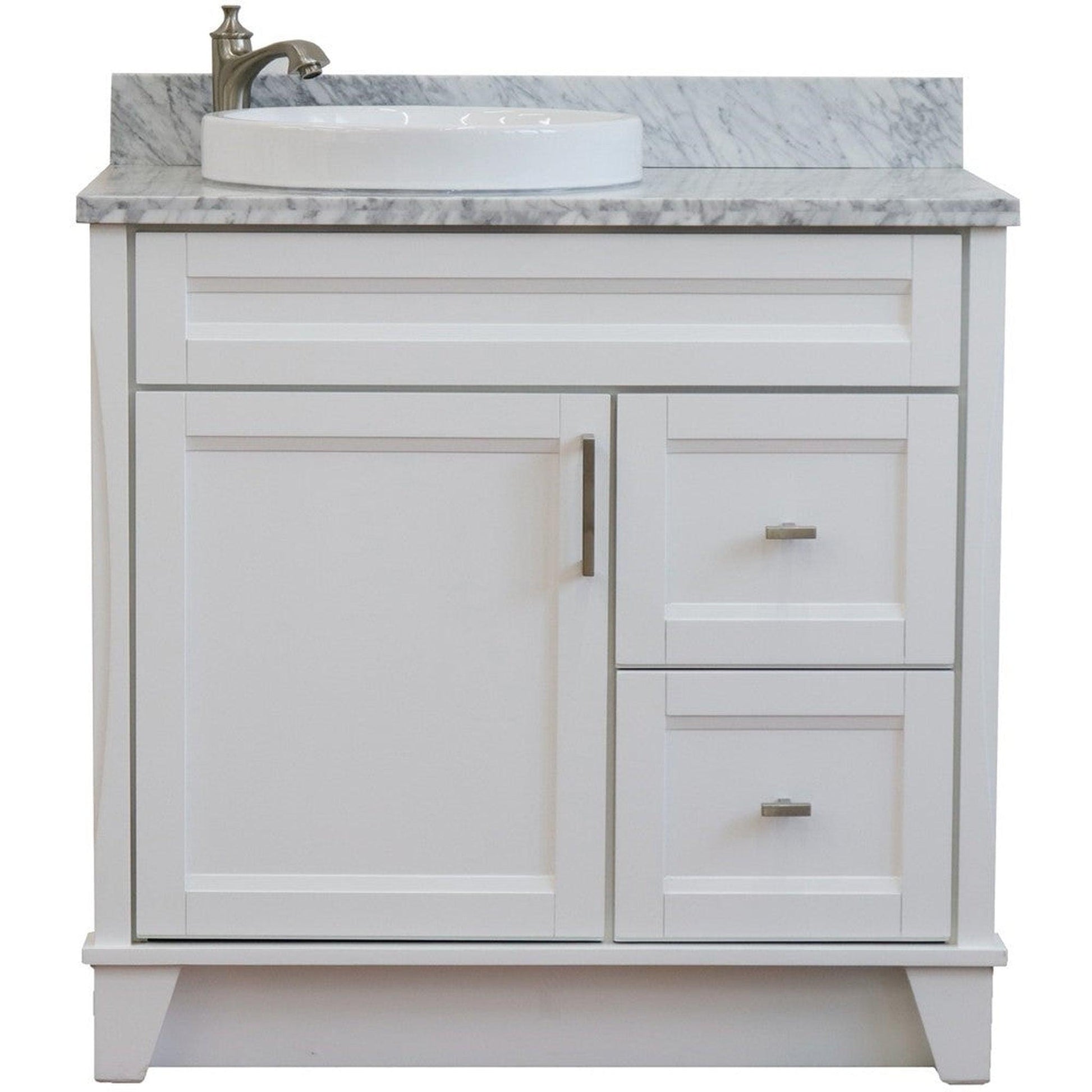 Bellaterra Home Terni 37" 1-Door 2-Drawer White Freestanding Vanity Set With Ceramic Left Offset Vessel Sink and White Carrara Marble Top, and Left Door Base