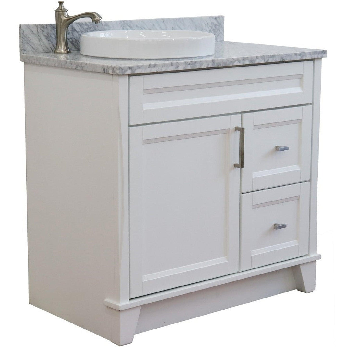 Bellaterra Home Terni 37" 1-Door 2-Drawer White Freestanding Vanity Set With Ceramic Left Offset Vessel Sink and White Carrara Marble Top, and Left Door Base