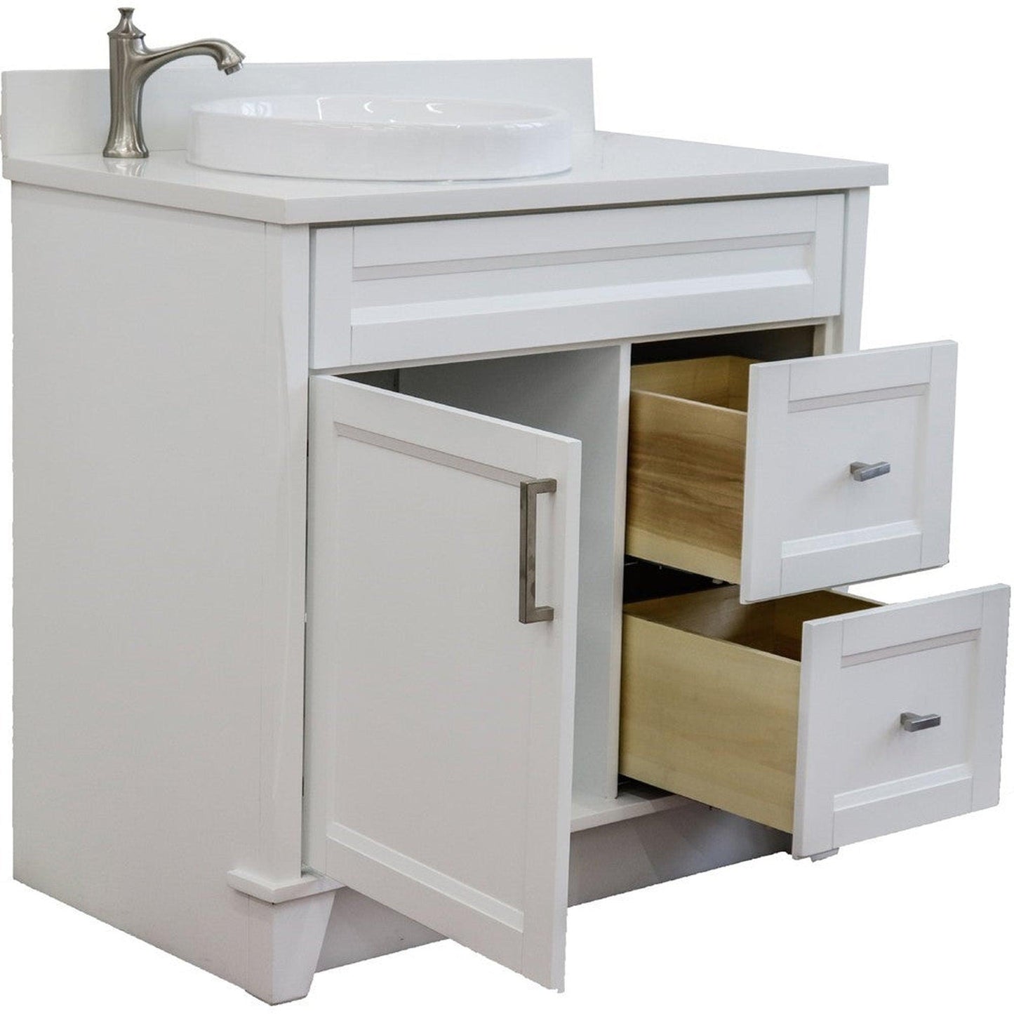 Bellaterra Home Terni 37" 1-Door 2-Drawer White Freestanding Vanity Set With Ceramic Left Offset Vessel Sink and White Quartz Top, and Left Door Base