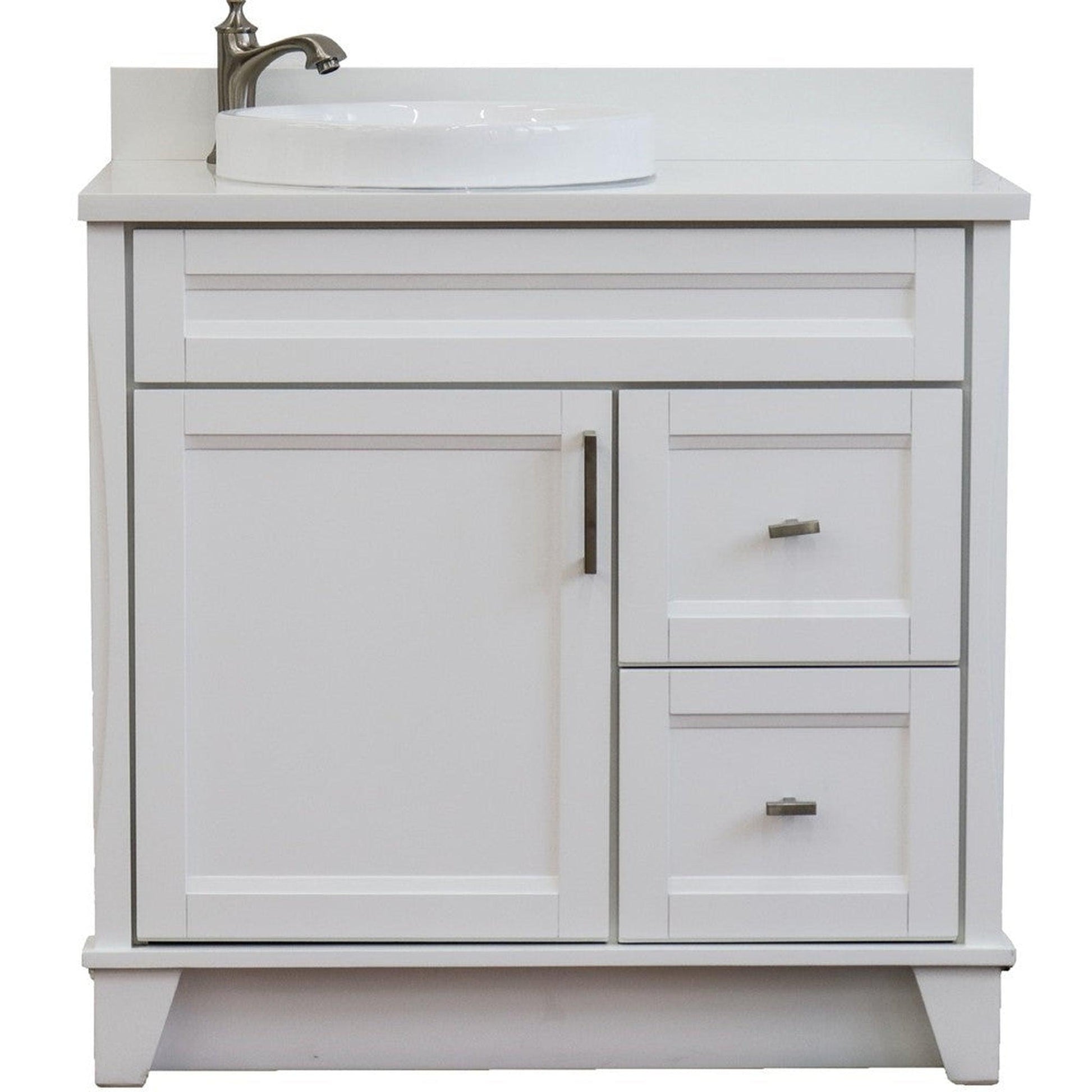 Bellaterra Home Terni 37" 1-Door 2-Drawer White Freestanding Vanity Set With Ceramic Left Offset Vessel Sink and White Quartz Top, and Left Door Base