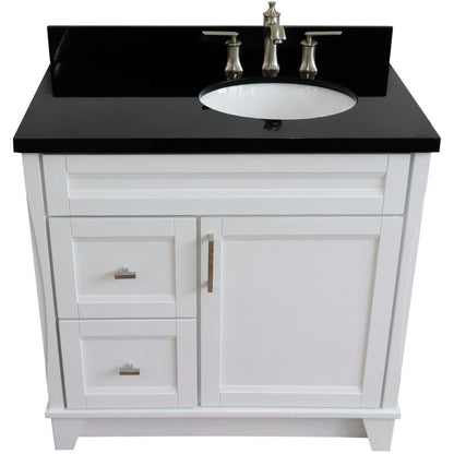 Bellaterra Home Terni 37" 1-Door 2-Drawer White Freestanding Vanity Set With Ceramic Right Offset Undermount Oval Sink and Black Galaxy Granite Top, and Right Door Base