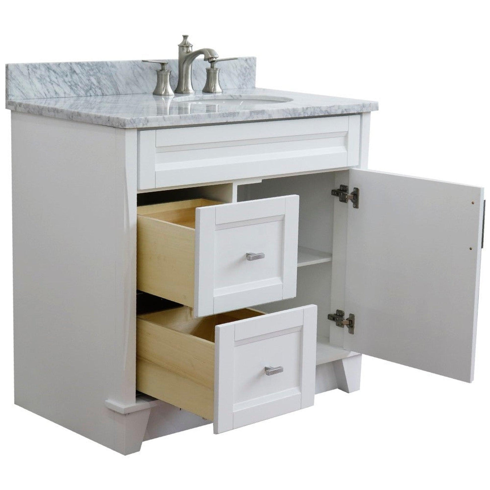 Bellaterra Home Terni 37" 1-Door 2-Drawer White Freestanding Vanity Set With Ceramic Right Offset Undermount Oval Sink and White Carrara Marble Top, and Right Door Base