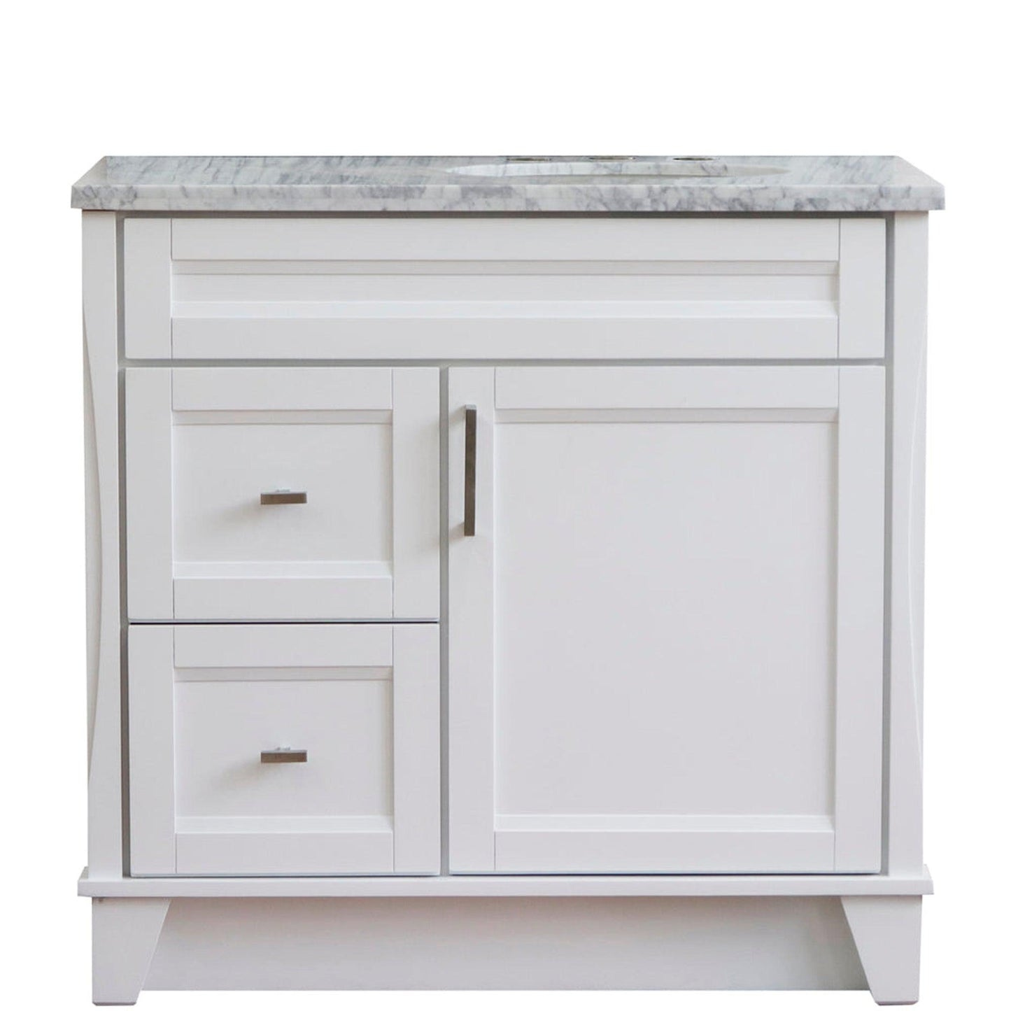 Bellaterra Home Terni 37" 1-Door 2-Drawer White Freestanding Vanity Set With Ceramic Right Offset Undermount Oval Sink and White Carrara Marble Top, and Right Door Base