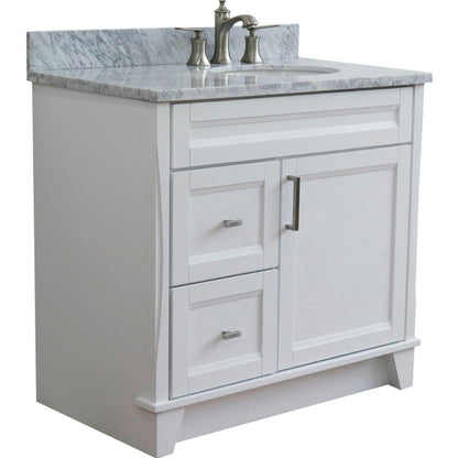 Bellaterra Home Terni 37" 1-Door 2-Drawer White Freestanding Vanity Set With Ceramic Right Offset Undermount Oval Sink and White Carrara Marble Top, and Right Door Base