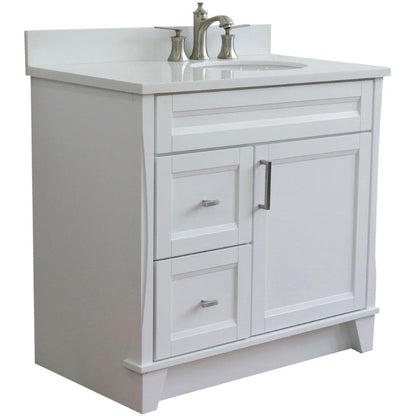 Bellaterra Home Terni 37" 1-Door 2-Drawer White Freestanding Vanity Set With Ceramic Right Offset Undermount Oval Sink and White Quartz Top, and Right Door Base