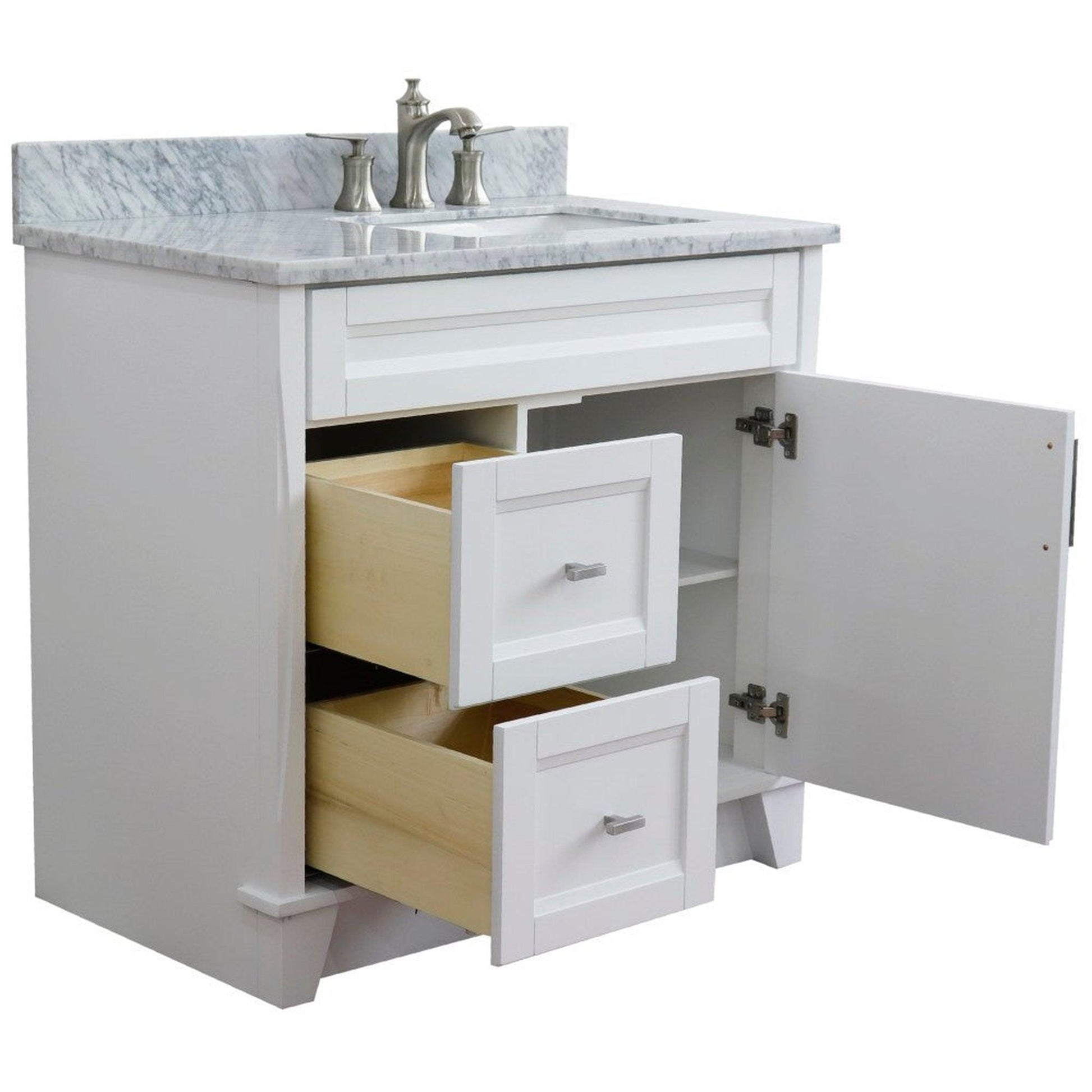 Bellaterra Home Terni 37" 1-Door 2-Drawer White Freestanding Vanity Set With Ceramic Right Offset Undermount Rectangular Sink and White Carrara Marble Top, and Right Door Base