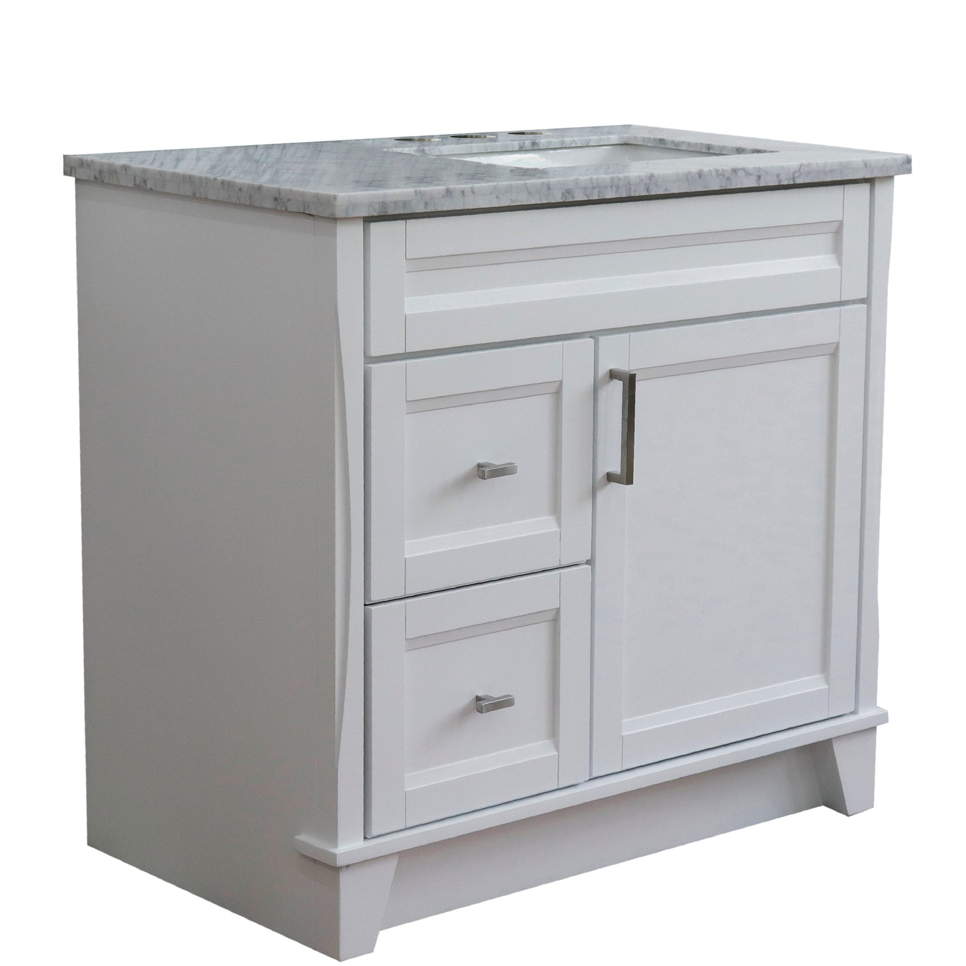 Bellaterra Home Terni 37" 1-Door 2-Drawer White Freestanding Vanity Set With Ceramic Right Offset Undermount Rectangular Sink and White Carrara Marble Top, and Right Door Base