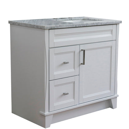 Bellaterra Home Terni 37" 1-Door 2-Drawer White Freestanding Vanity Set With Ceramic Right Offset Undermount Rectangular Sink and White Carrara Marble Top, and Right Door Base